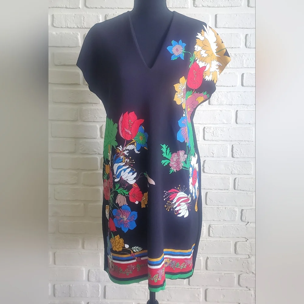 Zara Bold Floral Printed Tunic Dress Boho Cap Sleeves - Picture 2 of 14